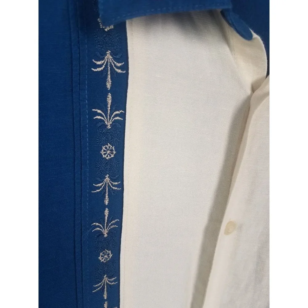 Cubavera Sz. 3x Blue & Ivory Linen Button Up Short Sleeve Embroidered Shirt - Picture 5 of 7